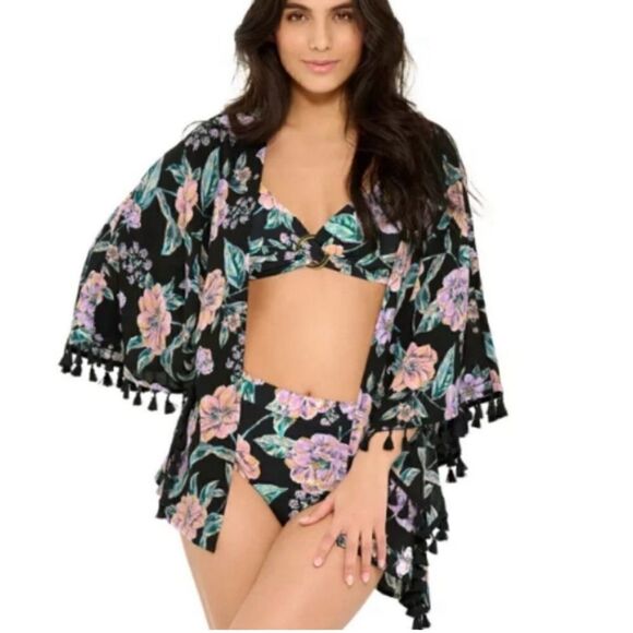 Freshwater Tassel-Trim Swim Cover-Up Kimono - Picture 1 of 6